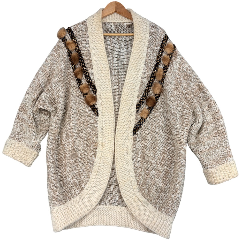 Vintage Oversized Mohair Wool Blend Pom Pom Open Front Cardigan Sweater Large